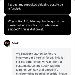 Emails & chat logs with First Mfg customer service.