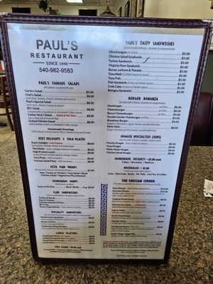 Menu photo 7 Paul's Restaurant Roanoke, VA