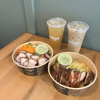 Saiga Vietnamese Eatery - Rice bowl with pork belly , garlic noodles and bbq chicken, lychee green tea , and Vietnamese coffee - Vietnamese Near Me - Orange, California