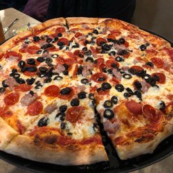 Pepperoni sausage and olive pizza