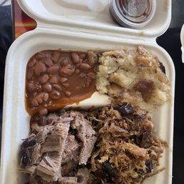 To-Die-For Beans and smoky warm potato salad side dishes alongside the brisket and pork To-Die-For Beans and smoky warm potato salad side dishes alongside the brisket and pork