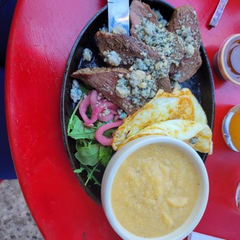 Peaches - 2 eggs over medium, steak w/blue cheese crumble, and grits - Southern Near Me - Brooklyn, New York Peaches - 2 eggs over medium, steak w/blue cheese crumble, and grits - Southern Near Me - Brooklyn, New York