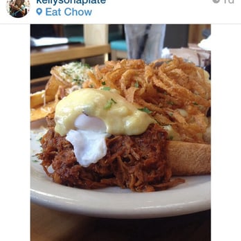 Eat Chow - BBQ pulled pork with eggs Benedict. Since of crispy onion fries and regular fries :) - Breakfast & Brunch Near Me - Costa Mesa, California Eat Chow - BBQ pulled pork with eggs Benedict. Since of crispy onion fries and regular fries :) - Breakfast & Brunch Near Me - Costa Mesa, California