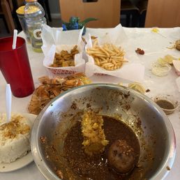 pound of shrimp with corn and All Three add-on (Corn, Potato, Sausage)