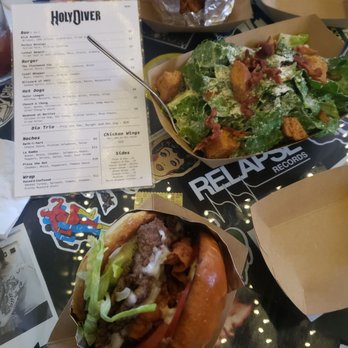 Holy Diver - Blizzard of Mozz burger and caesar salad - Bars Near Me - London, Ontario