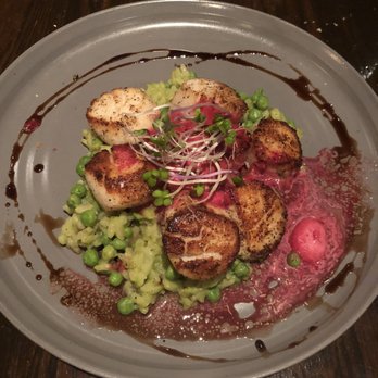 Johnny's Tavern - Delicious! New Bedford Sea Scallops beet butter, balsamic, green pea risotto. - New American Near Me - Amherst, Massachusetts Johnny's Tavern - Delicious! New Bedford Sea Scallops beet butter, balsamic, green pea risotto. - New American Near Me - Amherst, Massachusetts