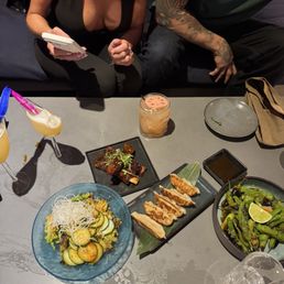 Spicy cucumber, chicken gyoza, edamame, sticky ribs
