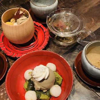 Cha-An - Hojicha Anmitsu on far back and Mochi Mochi in front - Japanese Near Me - New York, New York Cha-An - Hojicha Anmitsu on far back and Mochi Mochi in front - Japanese Near Me - New York, New York