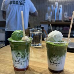 Original Matcha Latte with Strawberry Syrup and Original Matcha Latte with Brown Sugar Syrup Original Matcha Latte with Strawberry Syrup and Original Matcha Latte with Brown Sugar Syrup