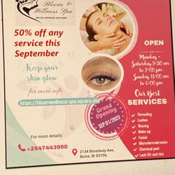 Bloom Wellness Spa - New clients gets 50% off on September and Rebook and get another 20% off for the next time.