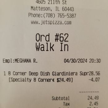 Jet's Pizza - Receipt - Pizza Near Me - Matteson, Illinois