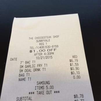 Cheese Steak Shop - The receipt. Oh, my name is typed wrong again. WTH? - American Near Me - Sunnyvale, California Cheese Steak Shop - The receipt. Oh, my name is typed wrong again. WTH? - American Near Me - Sunnyvale, California