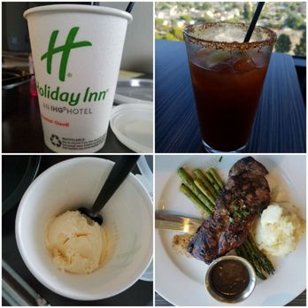 VUE Bar + Restaurant - Steak meal with a side of vanilla icecream topped with a michelada. - Bars Near Me - Long Beach, California