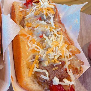 Buldogis Eatery - Philly Cheese Steak Dog Beef Bulgogi, Caramelized Onions, Roasted Peppers, Cheese Sauce, 5-cheese blend - Hot Dogs Near Me - Las Vegas, Nevada