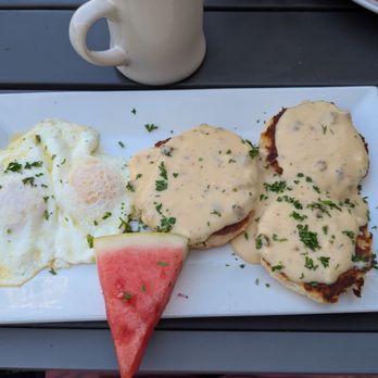 Carolina Coffee Shop - Biscuits and Gravy with egg and watermelon - Breakfast & Brunch Near Me - Chapel Hill, North Carolina Carolina Coffee Shop - Biscuits and Gravy with egg and watermelon - Breakfast & Brunch Near Me - Chapel Hill, North Carolina
