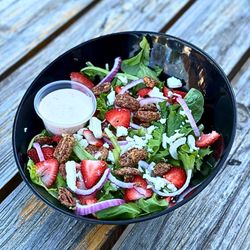Wooden Hill Brewing - Strawberry Fields Salad 

Mixed Greens | Sliced Strawberries | Crumbled Feta |
Red Onion | House Candied Pecans | Lemon Yogurt Dressing