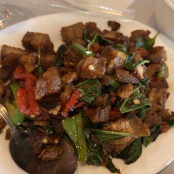 SriPraPhai Thai Restaurant - Sautéed Crispy Pork Belly - chewy not crispy - Thai Near Me - Woodside, New York