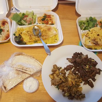 Ali Baba Restaurant - baba ganouj and lamb/chicken shawarmas  (note: This is after we took it home and put the meat on a separate plate to re-heat) - Mediterranean Near Me - Pomona, California