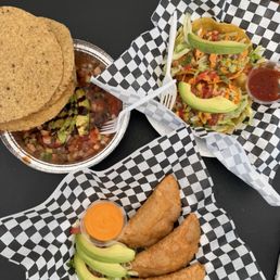 fish ceviche, shrimp empanadas, fish tacos fish ceviche, shrimp empanadas, fish tacos