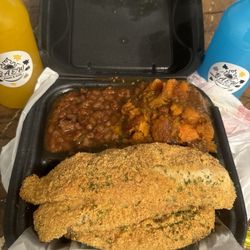 Baew Food & Grill - 2 Piece Whiting w/ Sides & CornBread (Baked Beans & Yams) 2 Delicious Drinks