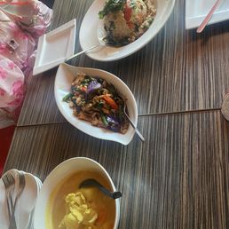 Yellow curry, peppercorn chicken with veggies, and spicy basil fried rice Yellow curry, peppercorn chicken with veggies, and spicy basil fried rice