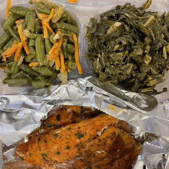 Dulan's - Baked fish with green beans and collard greens - Southern Near Me - Los Angeles, California Dulan's - Baked fish with green beans and collard greens - Southern Near Me - Los Angeles, California