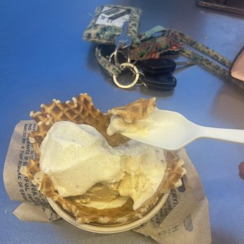 Jeni's Splendid Ice Creams - Gooey butter cake scoop and honey vanilla scoop, with waffle pieces . - Ice Cream & Frozen Yogurt Near Me - Chicago, Illinois Jeni's Splendid Ice Creams - Gooey butter cake scoop and honey vanilla scoop, with waffle pieces . - Ice Cream & Frozen Yogurt Near Me - Chicago, Illinois