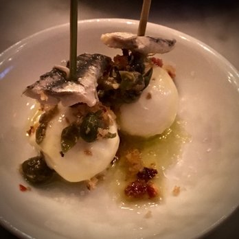 SRV Boston - SOFT BOILED QUAIL EGG: White anchovy, caper, garlic pangrattato ($4) - Italian Near Me - Boston, Massachusetts SRV Boston - SOFT BOILED QUAIL EGG: White anchovy, caper, garlic pangrattato ($4) - Italian Near Me - Boston, Massachusetts