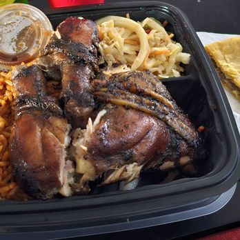 Cubana Grille - Jerk Chicken, Jollof Rice, Cabbage and 1/2 Jamaican Meat Pie. - Caribbean Near Me - McKinney, Texas