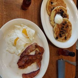 Blueberry pancakes, eggs, and bacon