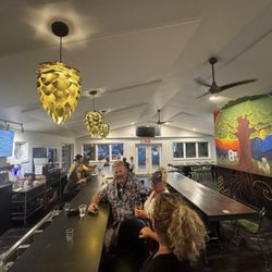 Indoor bar with hop lamps and mural.