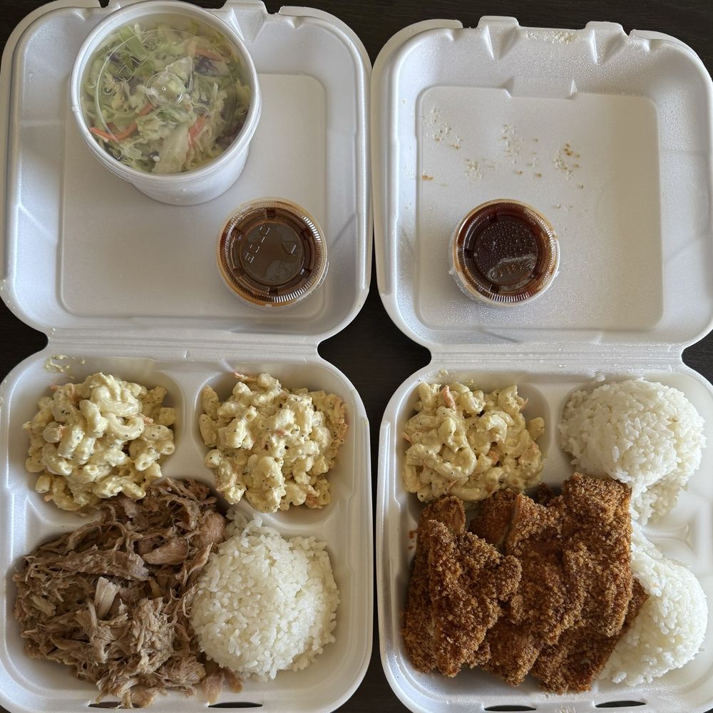 Kikas All Kine Grindz - Chicken Katsu with Rice + Mac Salad and Kalua Pork & Cabbage with Rice & Mac Salad plate with side of pineapple coleslaw - Fast Food Near Me - Sparks, Nevada Kikas All Kine Grindz - Chicken Katsu with Rice + Mac Salad and Kalua Pork & Cabbage with Rice & Mac Salad plate with side of pineapple coleslaw - Fast Food Near Me - Sparks, Nevada