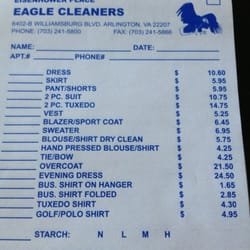 Sample prices from their launder form/receipt.