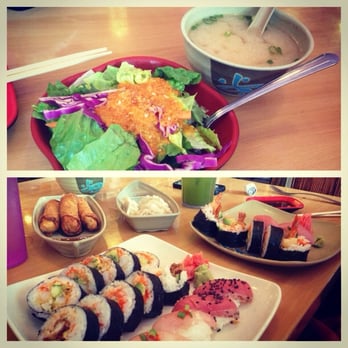 Oishii - Miso soup, salad with ginger dressing, assorted rolls and sushi pieces. - Sushi Bars Near Me - Houston, Texas Oishii - Miso soup, salad with ginger dressing, assorted rolls and sushi pieces. - Sushi Bars Near Me - Houston, Texas