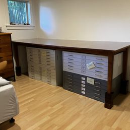 Home studio with flat files under a work table (used to be my dinning table.)
