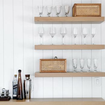 Organized Gem - Bar space organized with glasses and acacia bins - Home Organization Near Me - Newport Beach, California Organized Gem - Bar space organized with glasses and acacia bins - Home Organization Near Me - Newport Beach, California