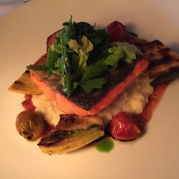 Flea Street - Salmon sturgeon on corn meal with roasted vegetables - New American Near Me - Menlo Park, California Flea Street - Salmon sturgeon on corn meal with roasted vegetables - New American Near Me - Menlo Park, California
