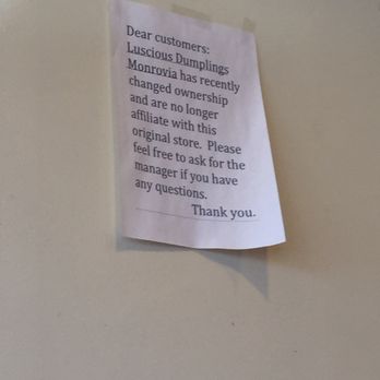 Luscious Dumplings - Notice in SG's original store... - Noodles Near Me - Monrovia, California Luscious Dumplings - Notice in SG's original store... - Noodles Near Me - Monrovia, California