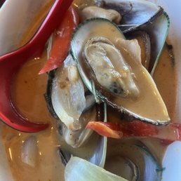Steamed Green mussels in Tom Kha broth Steamed Green mussels in Tom Kha broth