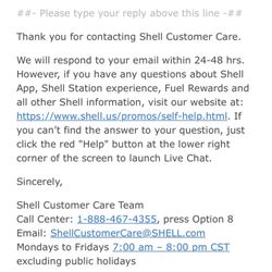 Shell - Email from Shell regarding complaint.