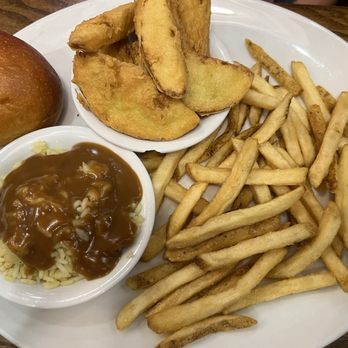 Johnny's Farm House - Vegetable plate. Fried squash , fries, rice w/ brown gravy with a roll. - Chicken Shop Near Me - Concord, North Carolina Johnny's Farm House - Vegetable plate. Fried squash , fries, rice w/ brown gravy with a roll. - Chicken Shop Near Me - Concord, North Carolina