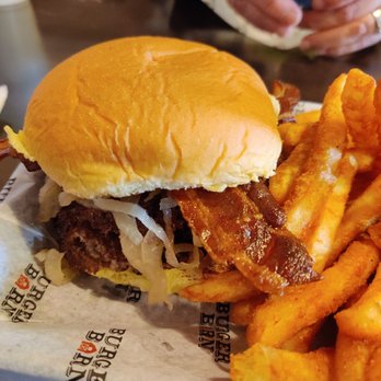 Burger Barn Grill - Double hamburger w/ bacon and grilled onions. Also got fries and Bourbon for dipping. - Burgers Near Me - Saint Johns, Florida