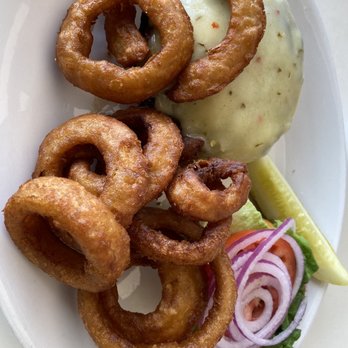 Nauti Dawg - Burger with onion rings. - Seafood Near Me - Lighthouse Point, Florida Nauti Dawg - Burger with onion rings. - Seafood Near Me - Lighthouse Point, Florida