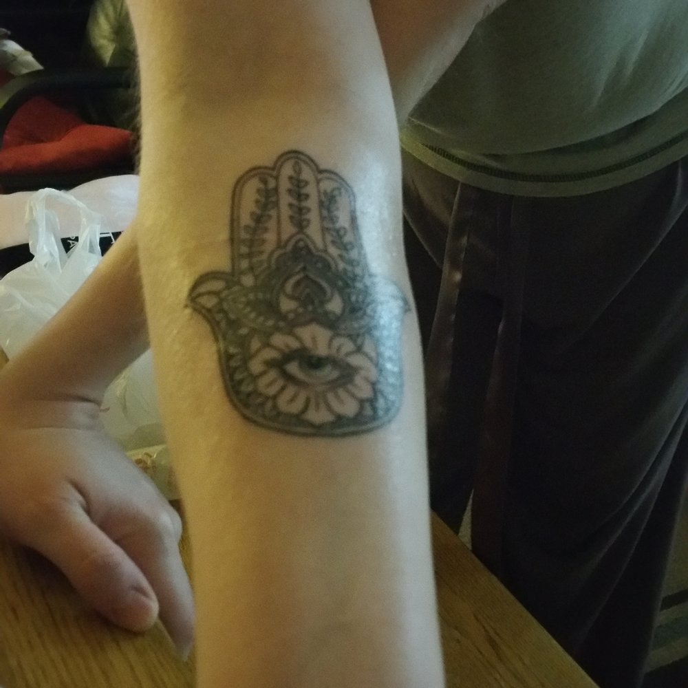 Floating Lotus - Here is a perspective of how it looks on my arm. This is a Hamsa Hand with evil eye. Awesome job Joe! - Tattoo Near Me - Williamsville, New York Floating Lotus - Here is a perspective of how it looks on my arm. This is a Hamsa Hand with evil eye. Awesome job Joe! - Tattoo Near Me - Williamsville, New York