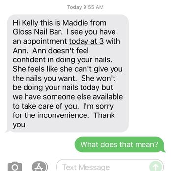 Gloss Nail Bar - Text I received the day of my appointment. This text was followed up with a call from me. - Nail Salons Near Me - Houston, Texas