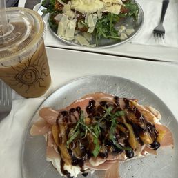 Front- Tuscan Toast, iced coconut latte, back- architectural toast
