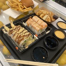 Crunchy Roll w Salmon, Seared Salmon CUT ROLL, and gyoza
