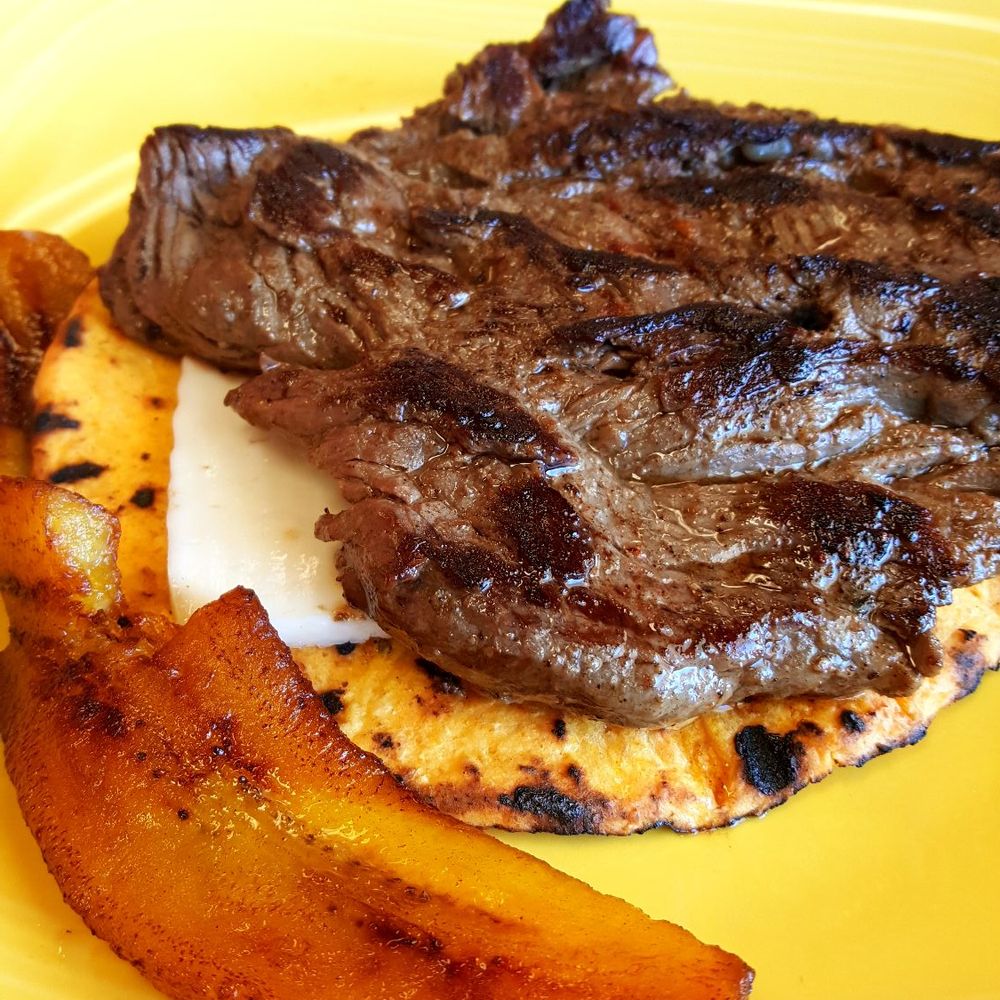 Cafe & Sabor - Carne asada arepa with sweet plantain. Super flavorful meat! - Colombian Near Me - Richmond, Virginia Cafe & Sabor - Carne asada arepa with sweet plantain. Super flavorful meat! - Colombian Near Me - Richmond, Virginia
