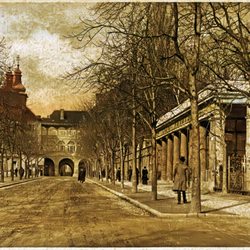 Promenade - Ehemaliges Torwachhaus des langjährigen Wächters beim Grazer Burgtor: niedriges Gebäude mit charakteristischen dorischen Säulen, 1919