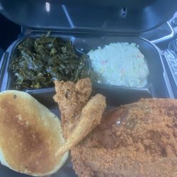 Annie D's - Fried chicken, collards, Cole slaw, and corn bread. Delicious!!!